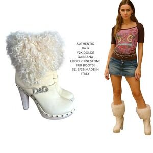 Y2K D&G DOLCE & GABBANA LOGO RHINESTONE FUR LEATHER BOOTS US 6/36 MADE IN‎ ITALY